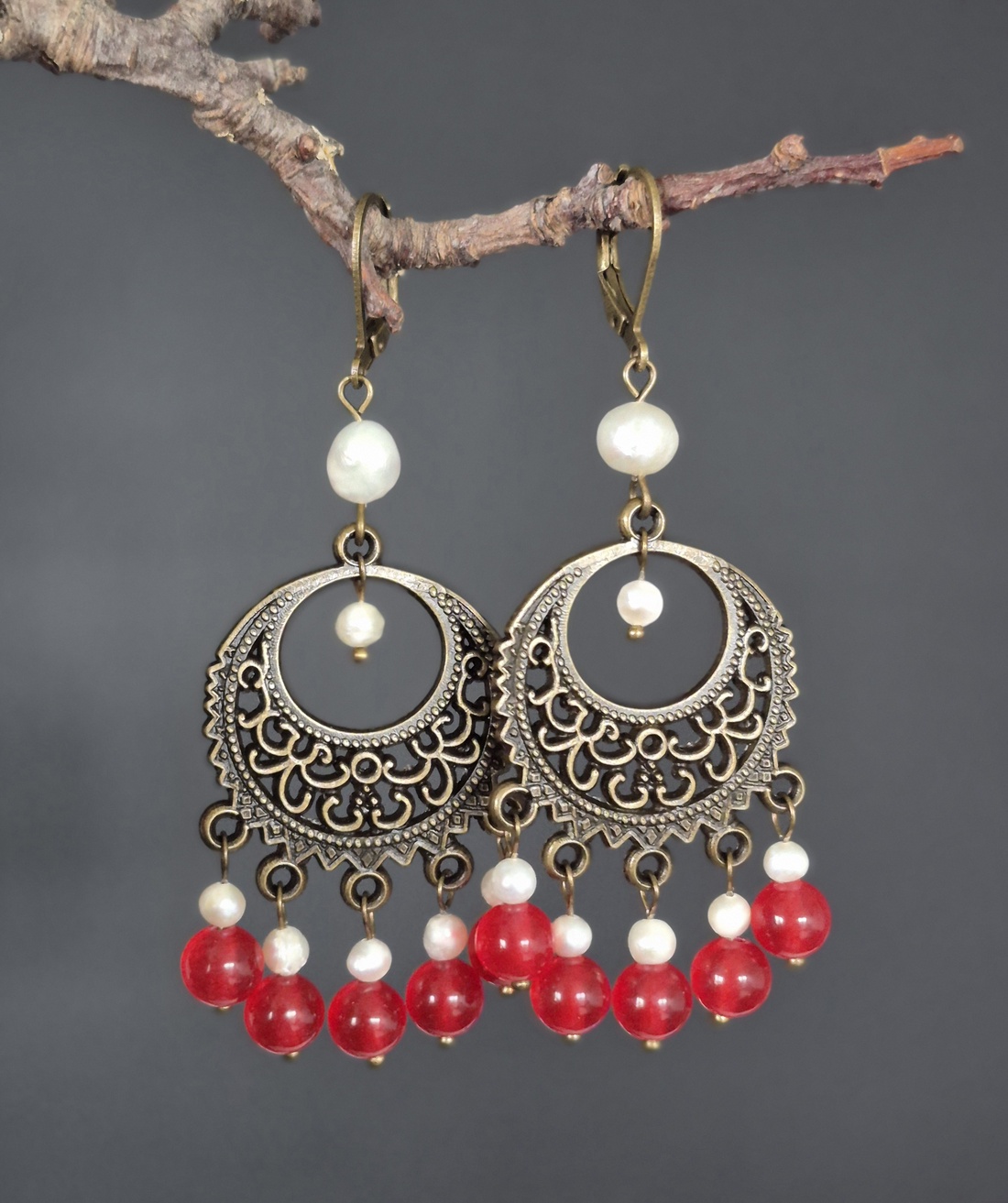 Cercei candelabru cu agat și perle naturale FRAMBOISE D'HIVER - bijuterii - cercei - cercei din pietre semiprețioase - Artynos.ro