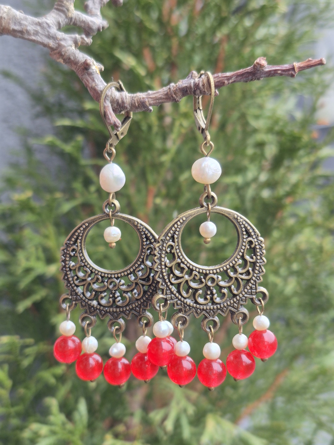 Cercei candelabru cu agat și perle naturale FRAMBOISE D'HIVER - bijuterii - cercei - cercei din pietre semiprețioase - Artynos.ro