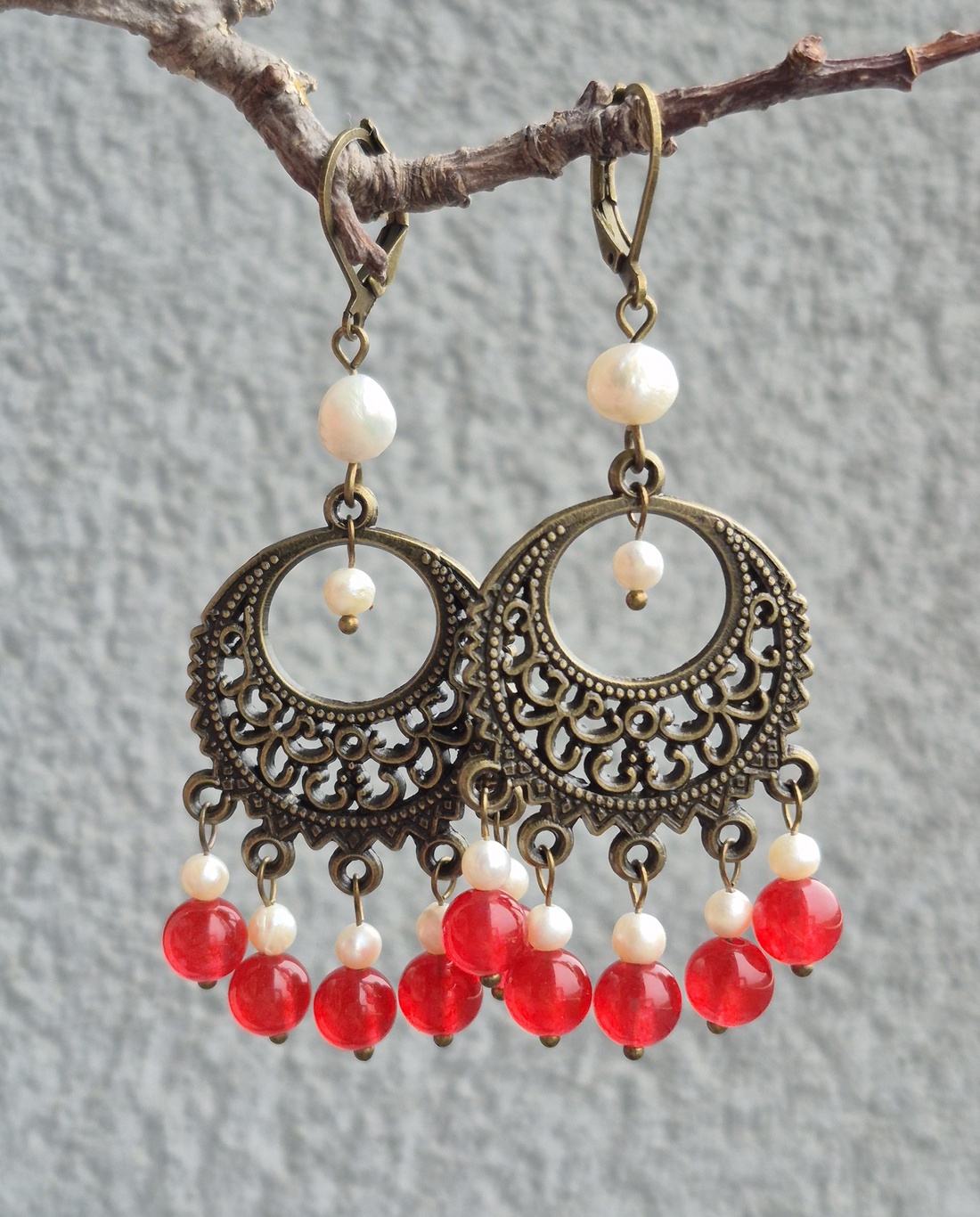 Cercei candelabru cu agat și perle naturale FRAMBOISE D'HIVER - bijuterii - cercei - cercei din pietre semiprețioase - Artynos.ro