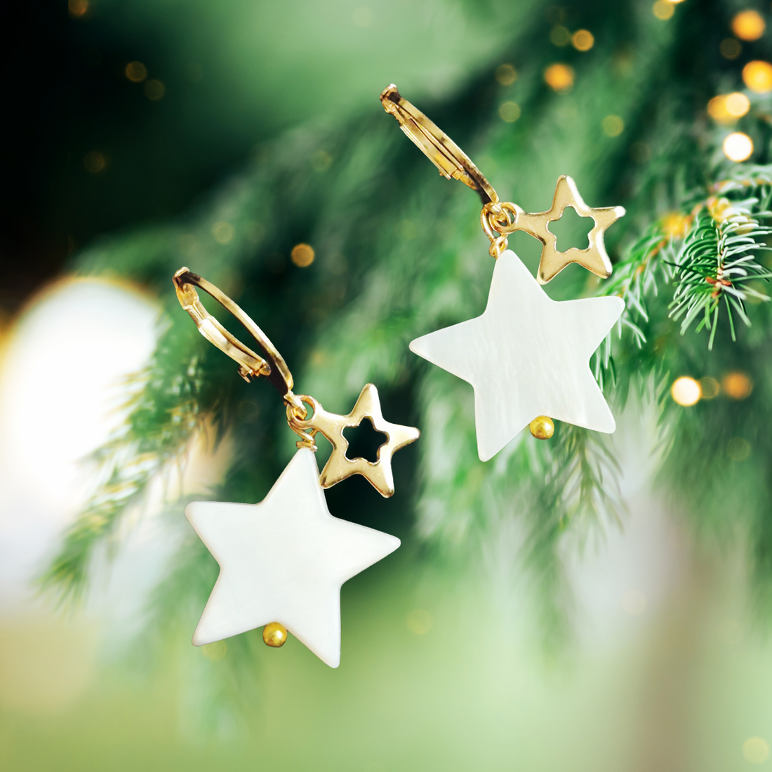 Cercei auriți cu stele din Sidef STARRY NIGHT - bijuterii - cercei - cercei din perle - Artynos.ro