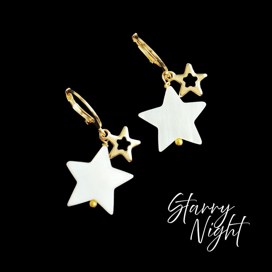 Cercei auriți cu stele din Sidef STARRY NIGHT - bijuterii - cercei - cercei din perle - Artynos.ro