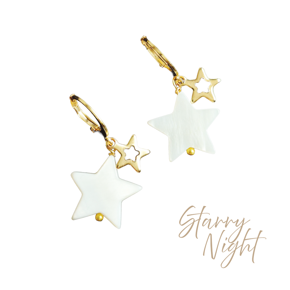 Cercei auriți cu stele din Sidef STARRY NIGHT - bijuterii - cercei - cercei din perle - Artynos.ro