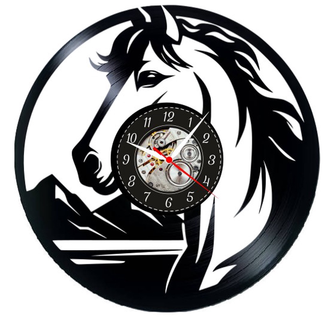 Ceas de perete decorativ - Wild Spirit Horse - Majestic Nature - realizat din disc de vinil (Vinyl Record), Negru, 30 cm - casă & stil de viață - decorațiuni de casă - decorațiuni de pereți - ceasuri de perete - Artynos.ro