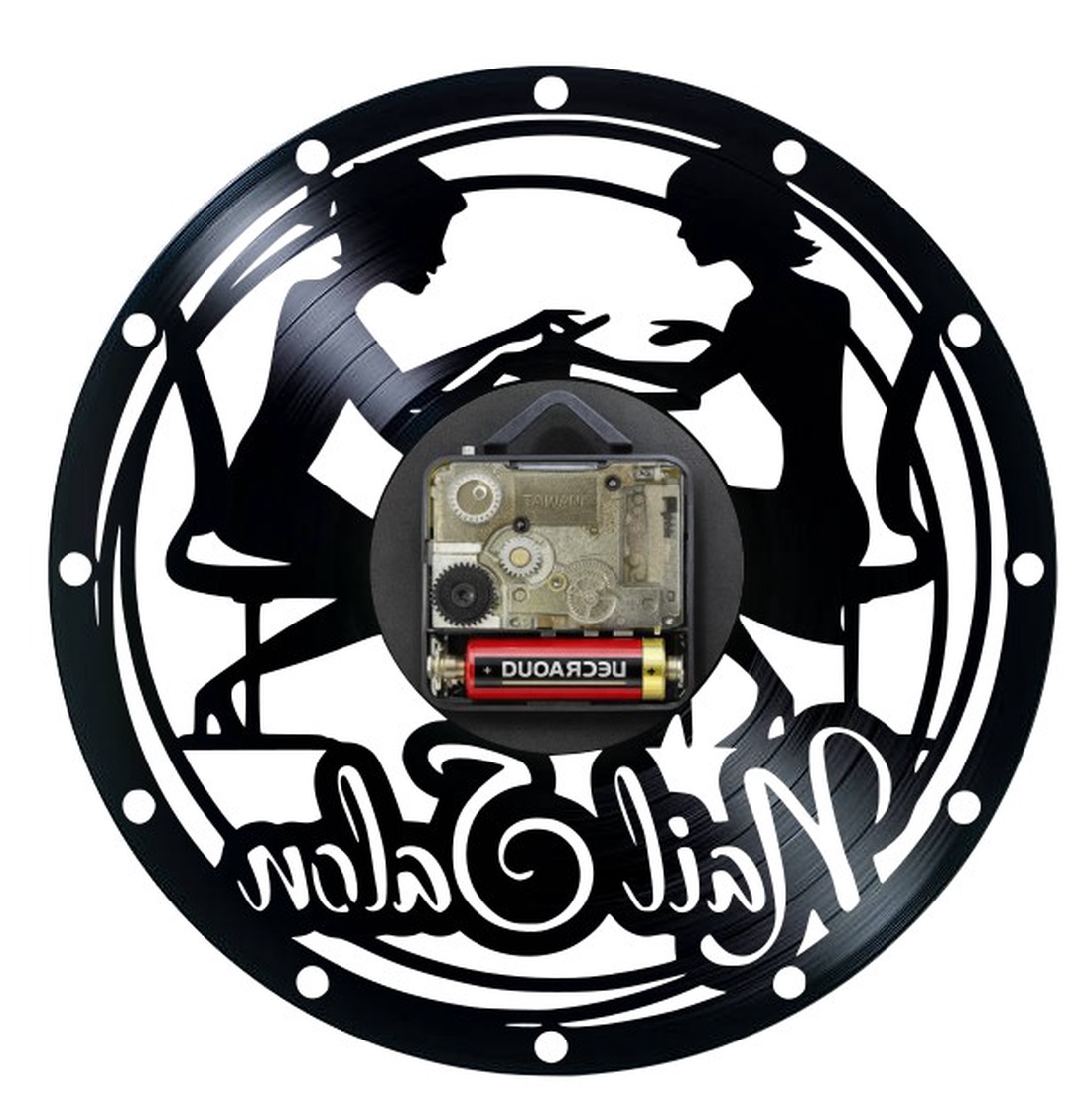 Ceas de perete Nails Salon Decorativ, Stil Vintage din Vinil (Disc Pick-up), Tematică Manichiură și Oja, Negru, 30 cm - casă & stil de viață - decorațiuni de casă - decorațiuni de pereți - ceasuri de perete - Artynos.ro