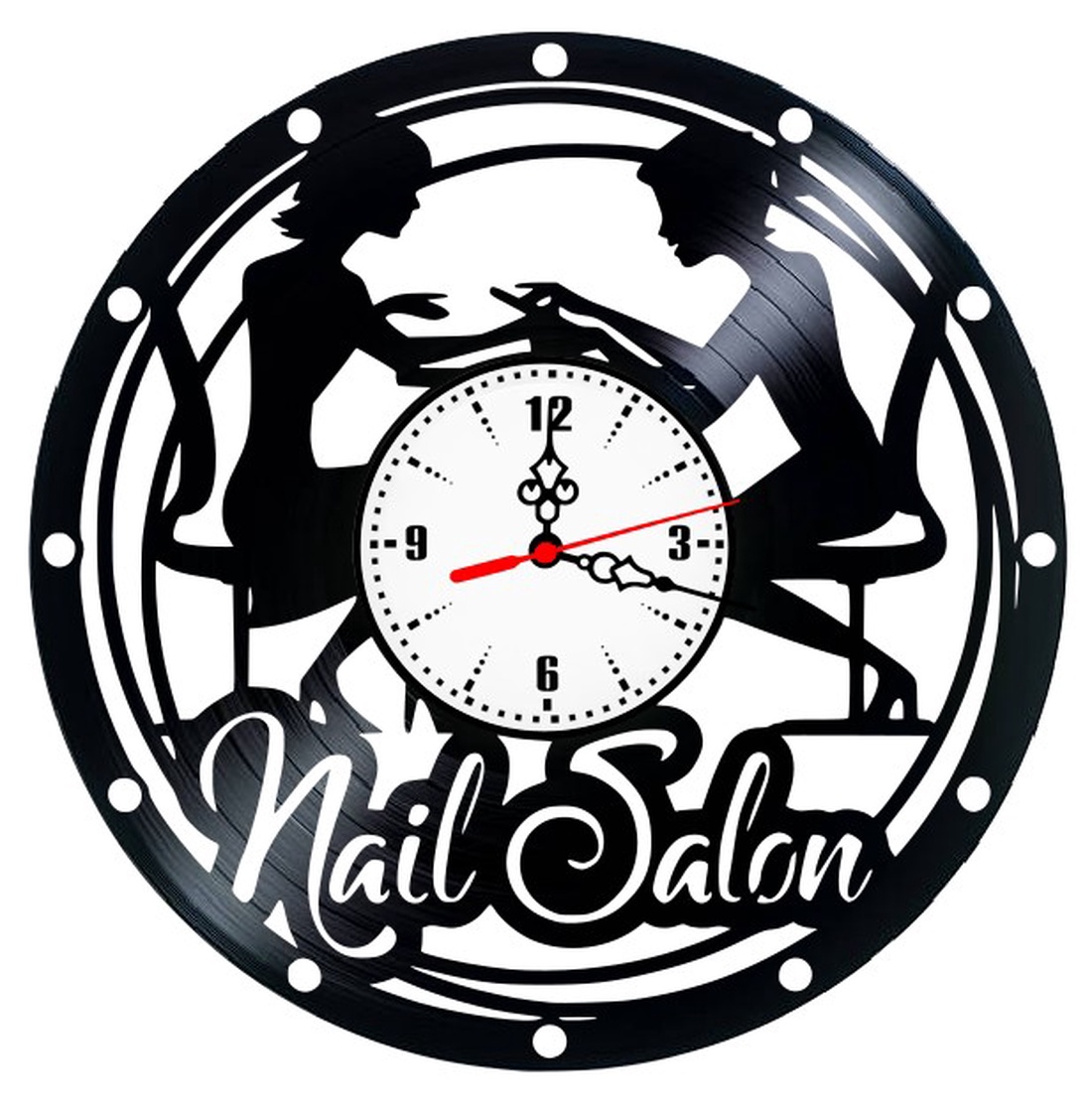 Ceas de perete Nails Salon Decorativ, Stil Vintage din Vinil (Disc Pick-up), Tematică Manichiură și Oja, Negru, 30 cm - casă & stil de viață - decorațiuni de casă - decorațiuni de pereți - ceasuri de perete - Artynos.ro