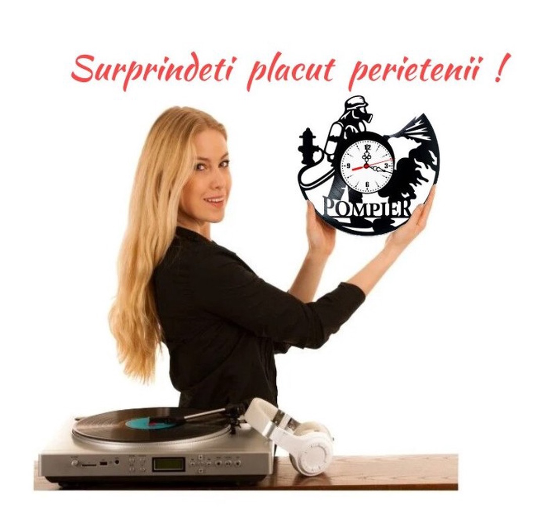 Ceas de perete decorativ �Firefighters � Pompier, lucrat manual din disc de vinil (Vinyl Record), design eroi salvatori - casă & stil de viață - decorațiuni de casă - decorațiuni de pereți - ceasuri de perete - Artynos.ro