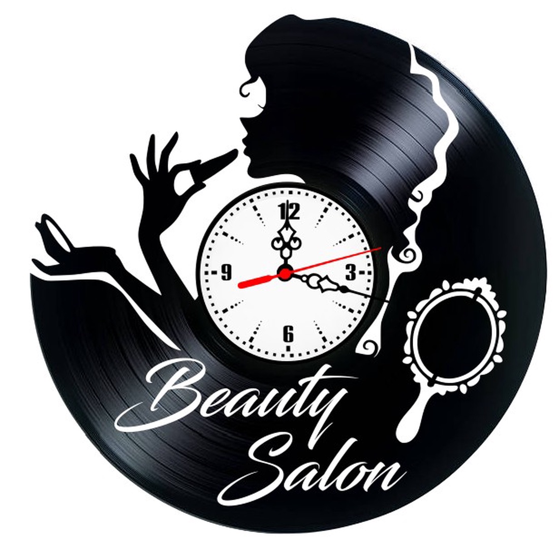 Ceas de perete din disc vinil, Tematică Beauty Salon, Design Elegant cu Siluetă Feminină și Accesorii Machiaj, Negru - casă & stil de viață - decorațiuni de casă - decorațiuni de pereți - ceasuri de perete - Artynos.ro
