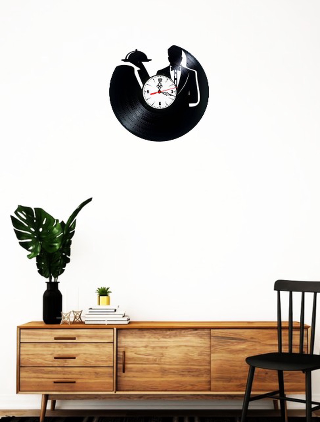Ceas de perete din disc vinil, Tematică Ospătar / Waiter, Design cu Servire la Tavă și Clopot Gourmet, Negru - casă & stil de viață - decorațiuni de casă - decorațiuni de pereți - ceasuri de perete - Artynos.ro