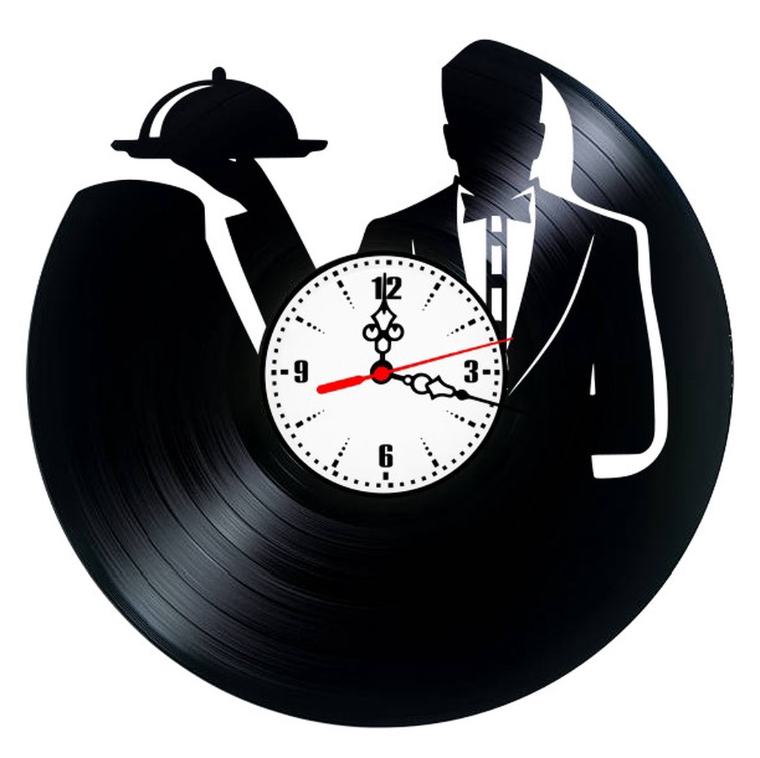 Ceas de perete din disc vinil, Tematică Ospătar / Waiter, Design cu Servire la Tavă și Clopot Gourmet, Negru - casă & stil de viață - decorațiuni de casă - decorațiuni de pereți - ceasuri de perete - Artynos.ro