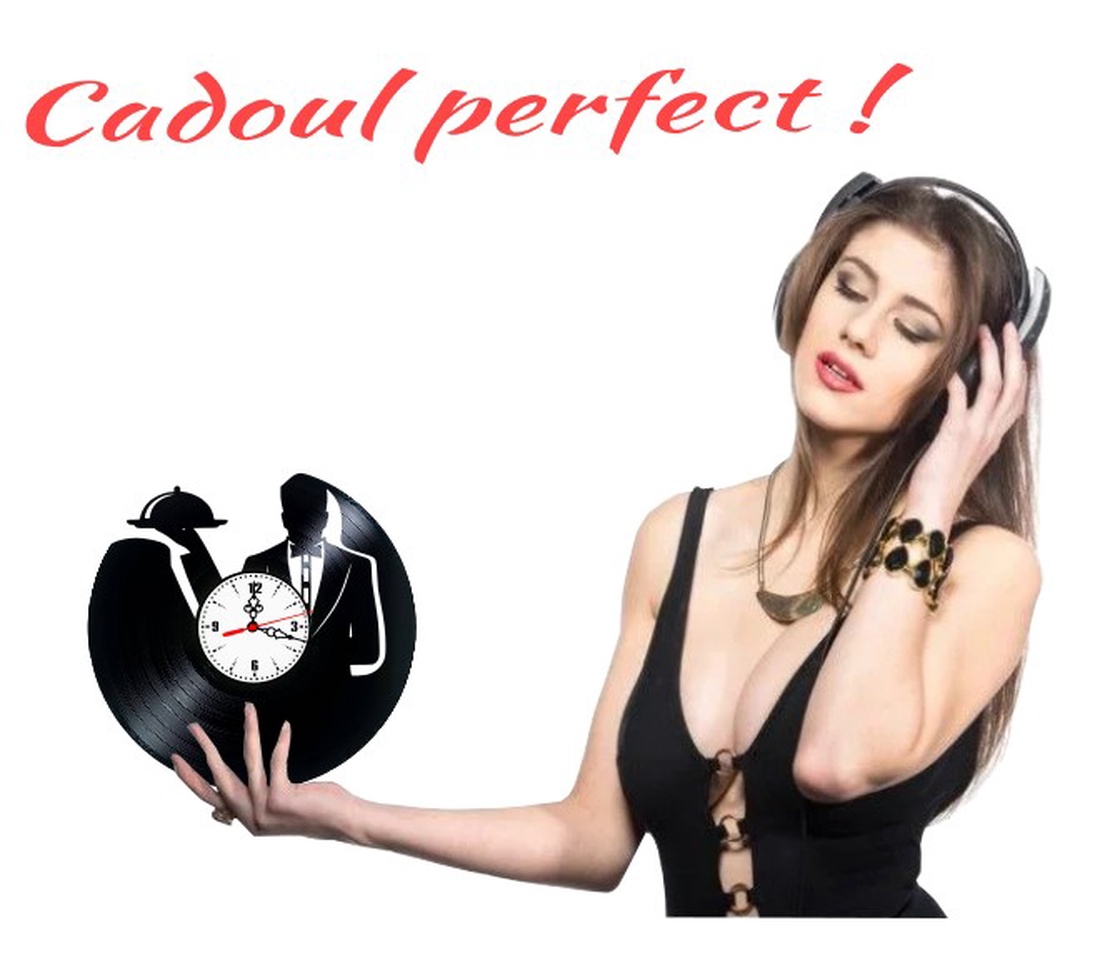 Ceas de perete din disc vinil, Tematică Ospătar / Waiter, Design cu Servire la Tavă și Clopot Gourmet, Negru - casă & stil de viață - decorațiuni de casă - decorațiuni de pereți - ceasuri de perete - Artynos.ro