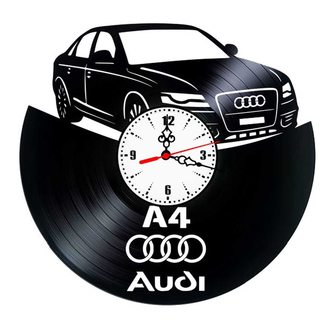 Ceas de perete din disc vinil, Tematică Audi / Motorsport, Design Premium cu Logo și Siluetă Auto, Negru - casă & stil de viață - decorațiuni de casă - decorațiuni de pereți - ceasuri de perete - Artynos.ro