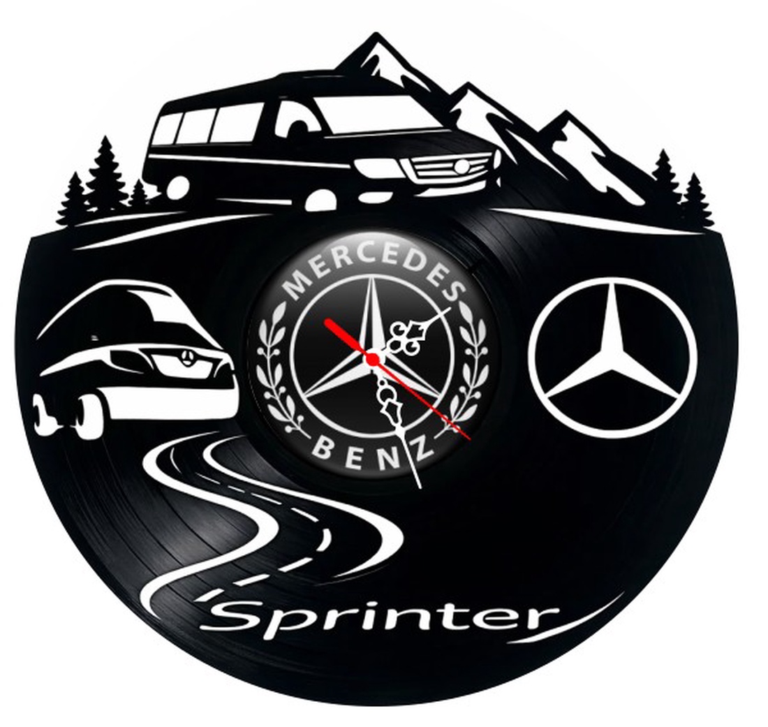 Ceas de perete decorativ realizat din disc de vinil, Model Utilitara Mercedes-Benz Sprinter si Peisaj Montan, Negru, 30  - casă & stil de viață - decorațiuni de casă - decorațiuni de pereți - ceasuri de perete - Artynos.ro