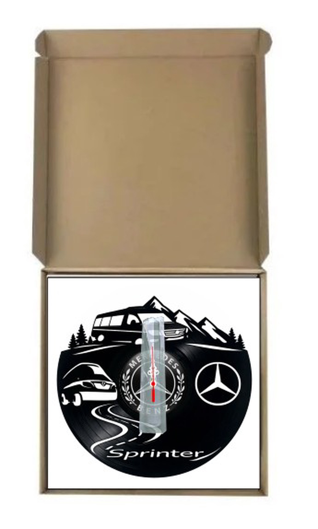 Ceas de perete decorativ realizat din disc de vinil, Model Utilitara Mercedes-Benz Sprinter si Peisaj Montan, Negru, 30  - casă & stil de viață - decorațiuni de casă - decorațiuni de pereți - ceasuri de perete - Artynos.ro