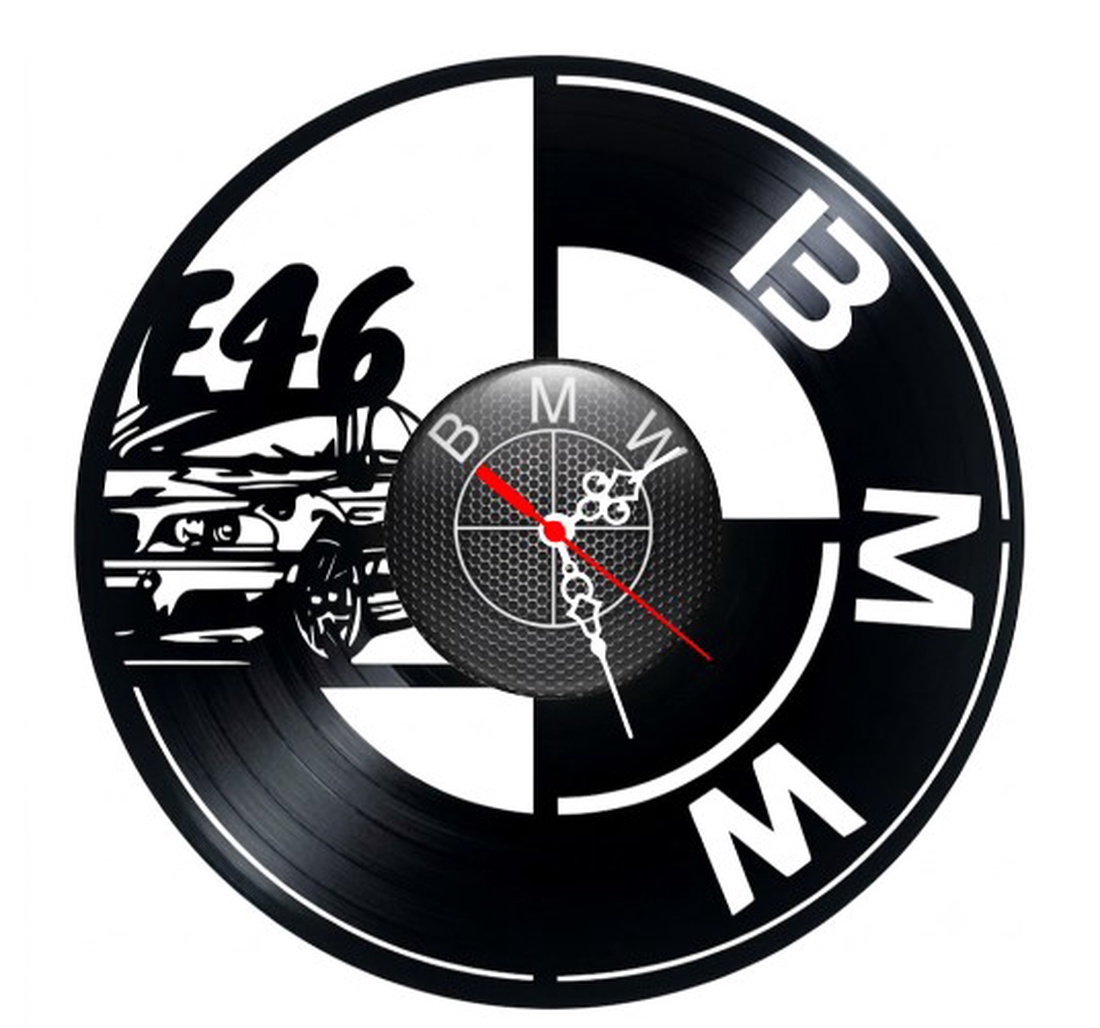 Ceas de perete decorativ realizat din disc de vinil, Model BMW Seria 3 E46 si Sigla Bavareza, Negru, 30 cm - casă & stil de viață - decorațiuni de casă - decorațiuni de pereți - ceasuri de perete - Artynos.ro
