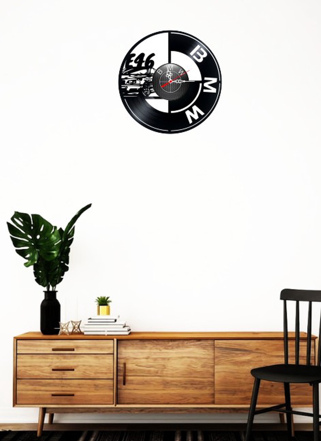 Ceas de perete decorativ realizat din disc de vinil, Model BMW Seria 3 E46 si Sigla Bavareza, Negru, 30 cm - casă & stil de viață - decorațiuni de casă - decorațiuni de pereți - ceasuri de perete - Artynos.ro
