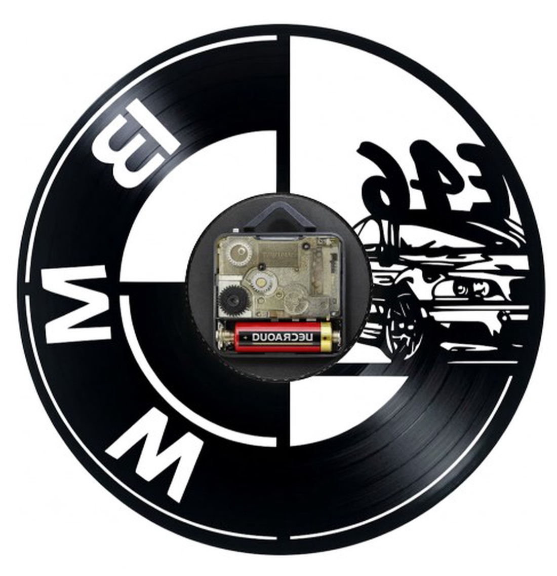 Ceas de perete decorativ realizat din disc de vinil, Model BMW Seria 3 E46 si Sigla Bavareza, Negru, 30 cm - casă & stil de viață - decorațiuni de casă - decorațiuni de pereți - ceasuri de perete - Artynos.ro