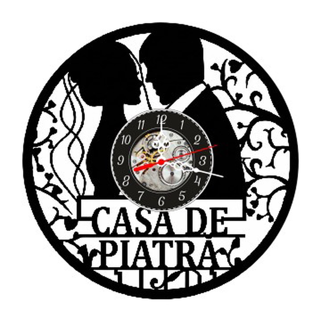 Ceas de perete decorativ realizat din disc de vinil, Model Nunta Casa de Piatra cu Mire si Mireasa, Negru, 30 cm - casă & stil de viață - decorațiuni de casă - decorațiuni de pereți - ceasuri de perete - Artynos.ro
