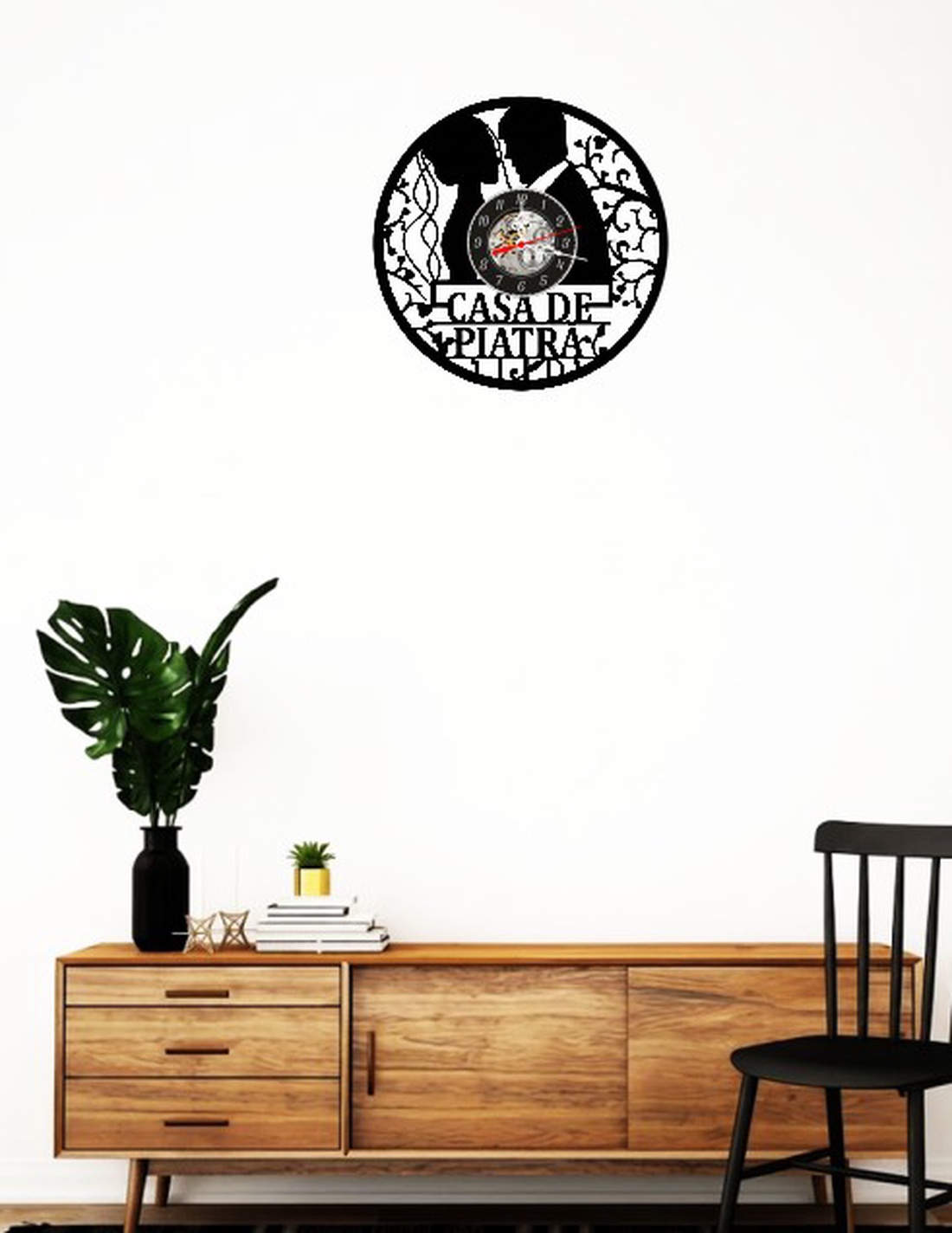 Ceas de perete decorativ realizat din disc de vinil, Model Nunta Casa de Piatra cu Mire si Mireasa, Negru, 30 cm - casă & stil de viață - decorațiuni de casă - decorațiuni de pereți - ceasuri de perete - Artynos.ro