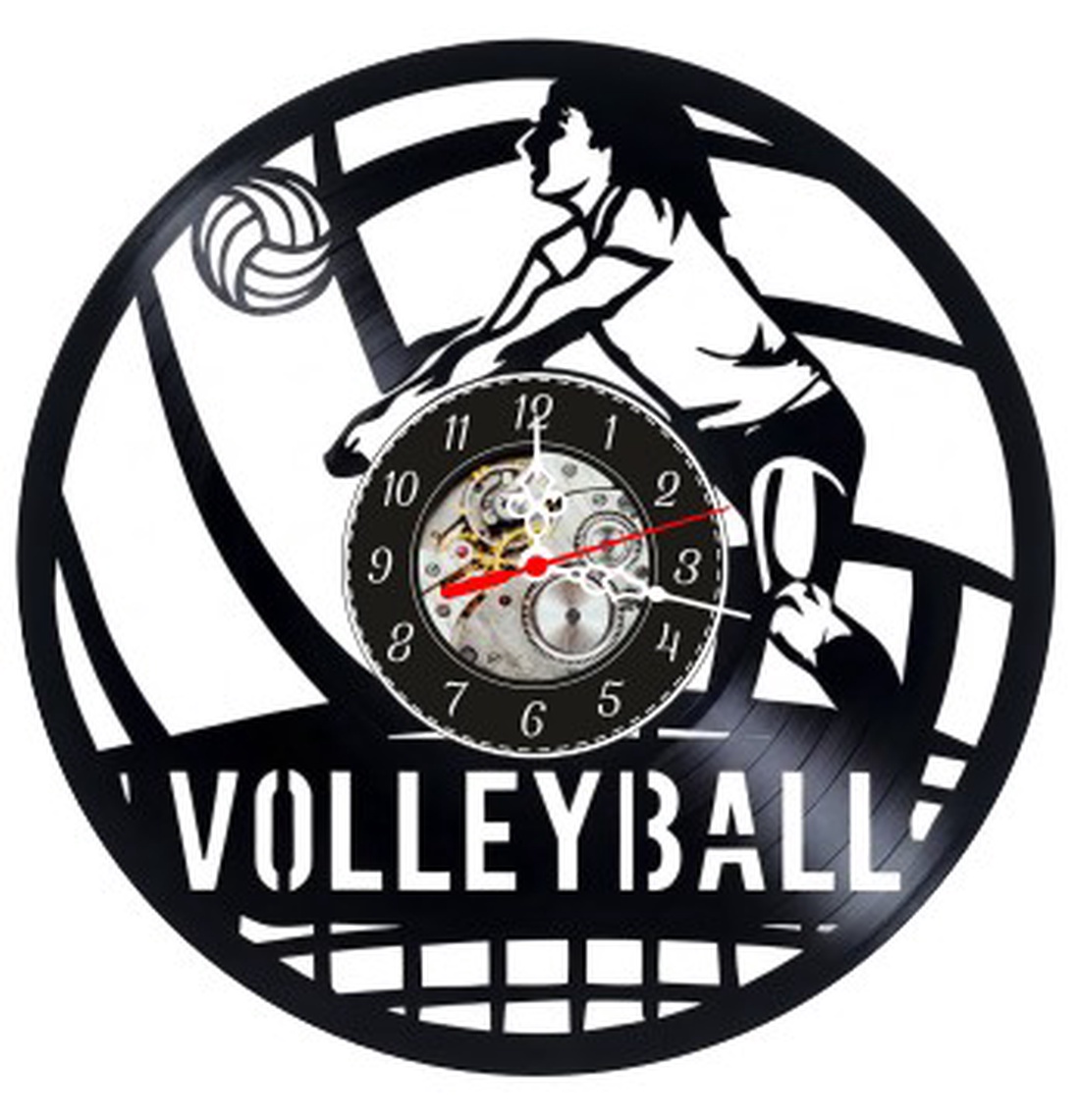 Ceas de perete decorativ realizat din disc de vinil, Model Jucatoare de Volei si Mingea pe Fileu, Text Volleyball, Negru - casă & stil de viață - decorațiuni de casă - decorațiuni de pereți - ceasuri de perete - Artynos.ro