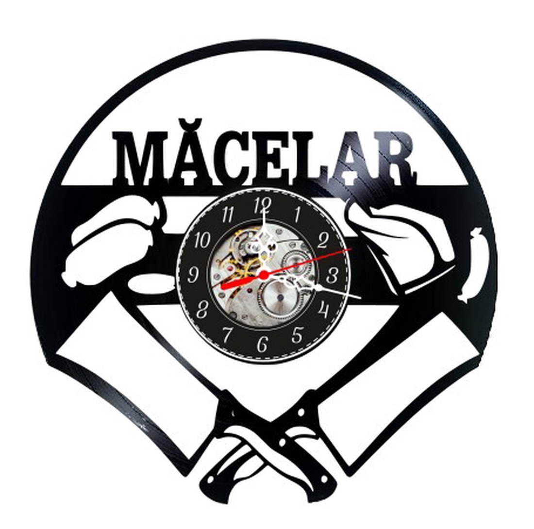 Ceas de perete decorativ realizat din disc de vinil, Model Macelar cu Satâre si Mezeluri, Text Măcelar, Negru, 30 cm - casă & stil de viață - decorațiuni de casă - decorațiuni de pereți - ceasuri de perete - Artynos.ro