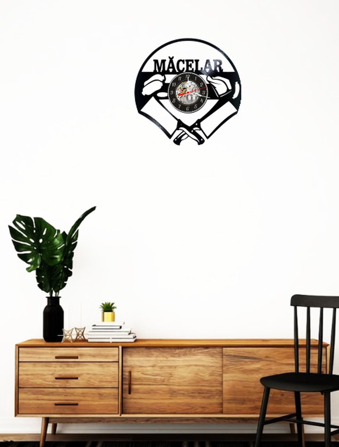 Ceas de perete decorativ realizat din disc de vinil, Model Macelar cu Satâre si Mezeluri, Text Măcelar, Negru, 30 cm - casă & stil de viață - decorațiuni de casă - decorațiuni de pereți - ceasuri de perete - Artynos.ro