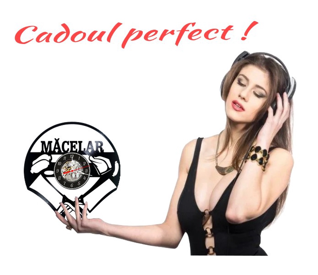 Ceas de perete decorativ realizat din disc de vinil, Model Macelar cu Satâre si Mezeluri, Text Măcelar, Negru, 30 cm - casă & stil de viață - decorațiuni de casă - decorațiuni de pereți - ceasuri de perete - Artynos.ro