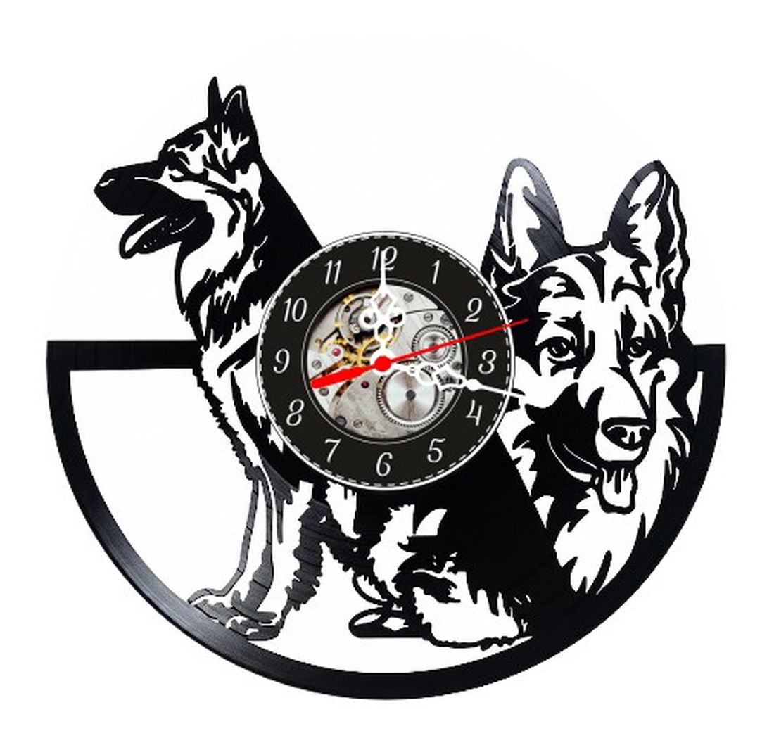 Ceas de perete decorativ realizat din disc de vinil, Model Caine Ciobanesc German / Lupar, Negru, 30 cm - casă & stil de viață - decorațiuni de casă - decorațiuni de pereți - ceasuri de perete - Artynos.ro