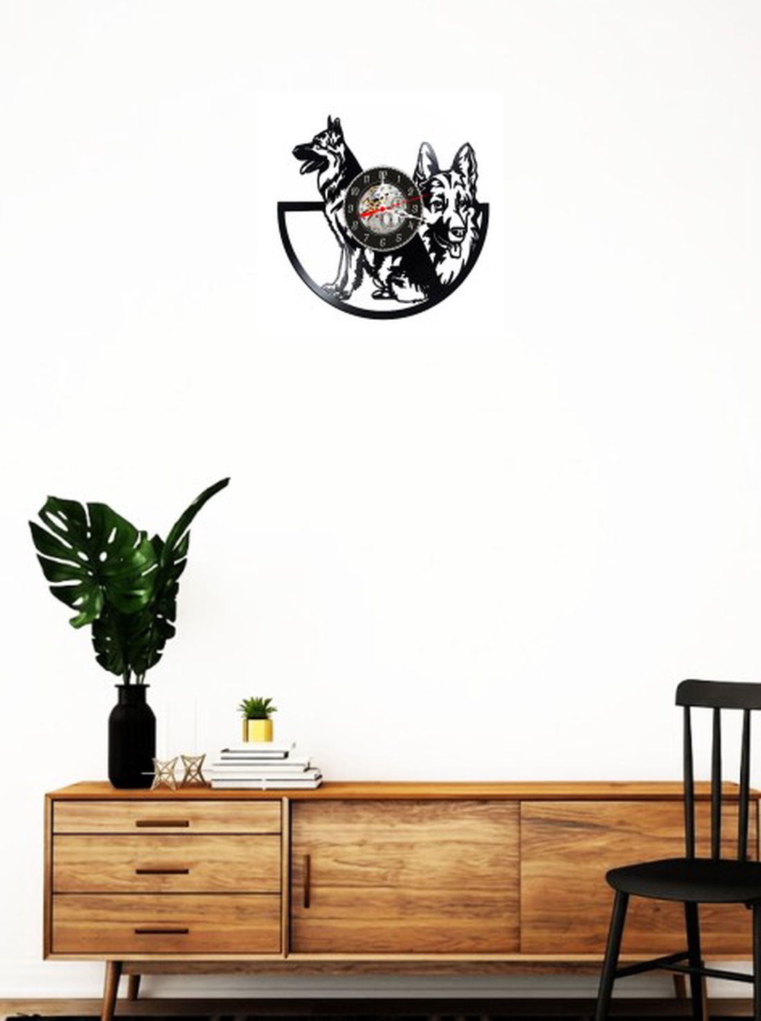 Ceas de perete decorativ realizat din disc de vinil, Model Caine Ciobanesc German / Lupar, Negru, 30 cm - casă & stil de viață - decorațiuni de casă - decorațiuni de pereți - ceasuri de perete - Artynos.ro
