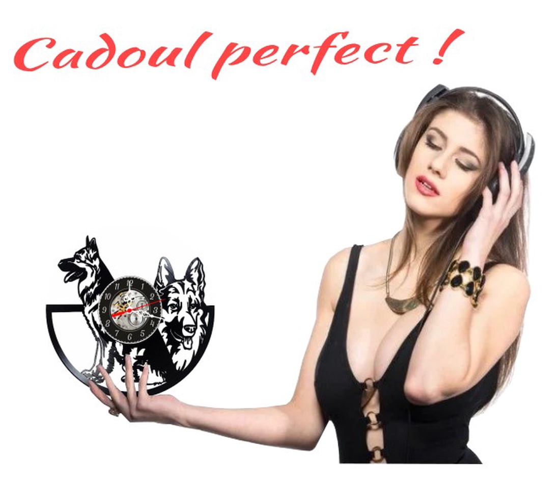 Ceas de perete decorativ realizat din disc de vinil, Model Caine Ciobanesc German / Lupar, Negru, 30 cm - casă & stil de viață - decorațiuni de casă - decorațiuni de pereți - ceasuri de perete - Artynos.ro