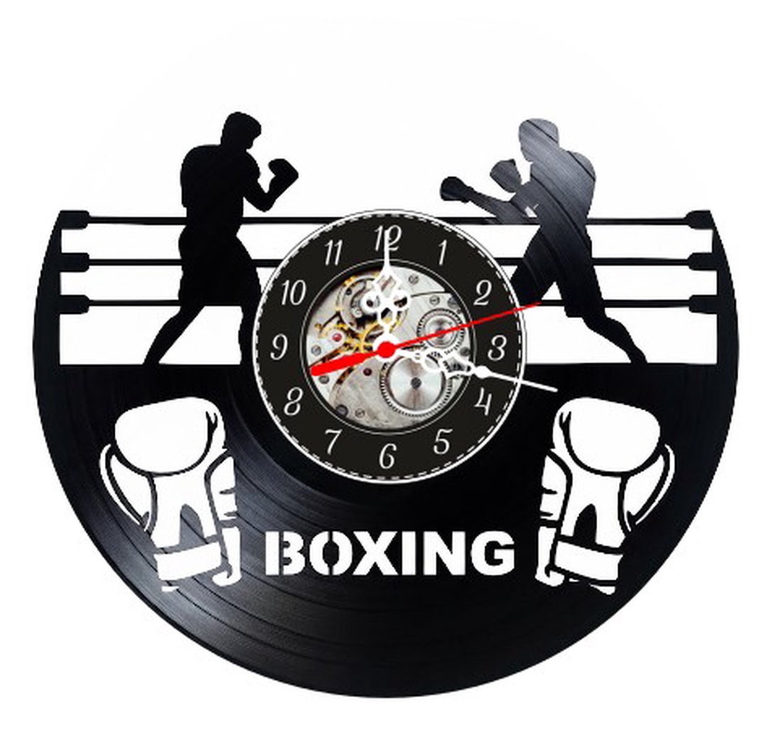 Ceas de perete decorativ realizat din disc de vinil, Model Boxeri in Ring si Manusi de Box, Text Boxing, Negru, 30 cm - casă & stil de viață - decorațiuni de casă - decorațiuni de pereți - ceasuri de perete - Artynos.ro