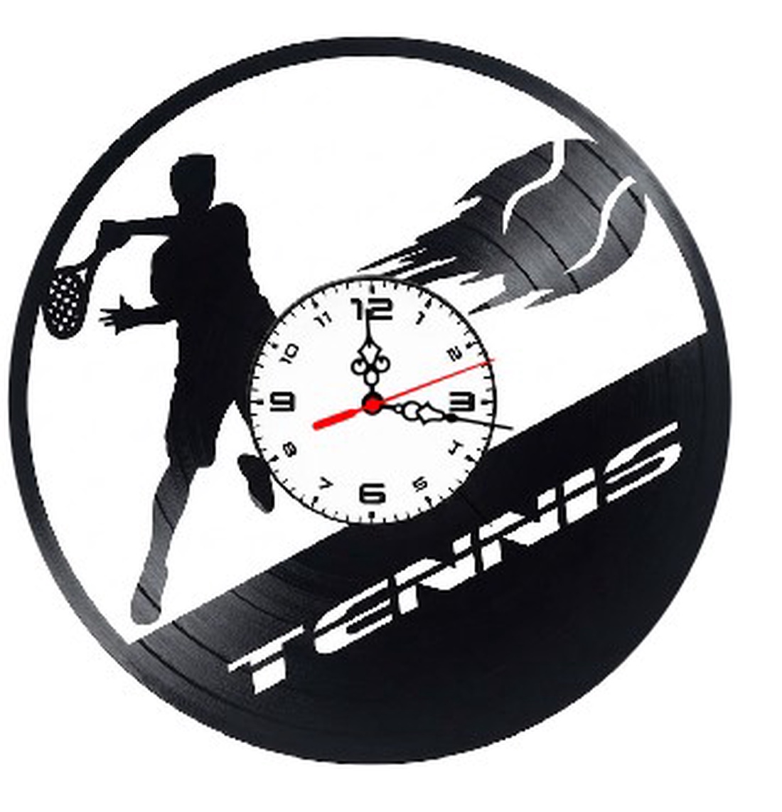 Ceas de perete decorativ realizat din disc de vinil, Model Jucator de Tenis si Mingea in Viteza, Text Tennis, Negru, 30  - casă & stil de viață - decorațiuni de casă - decorațiuni de pereți - ceasuri de perete - Artynos.ro