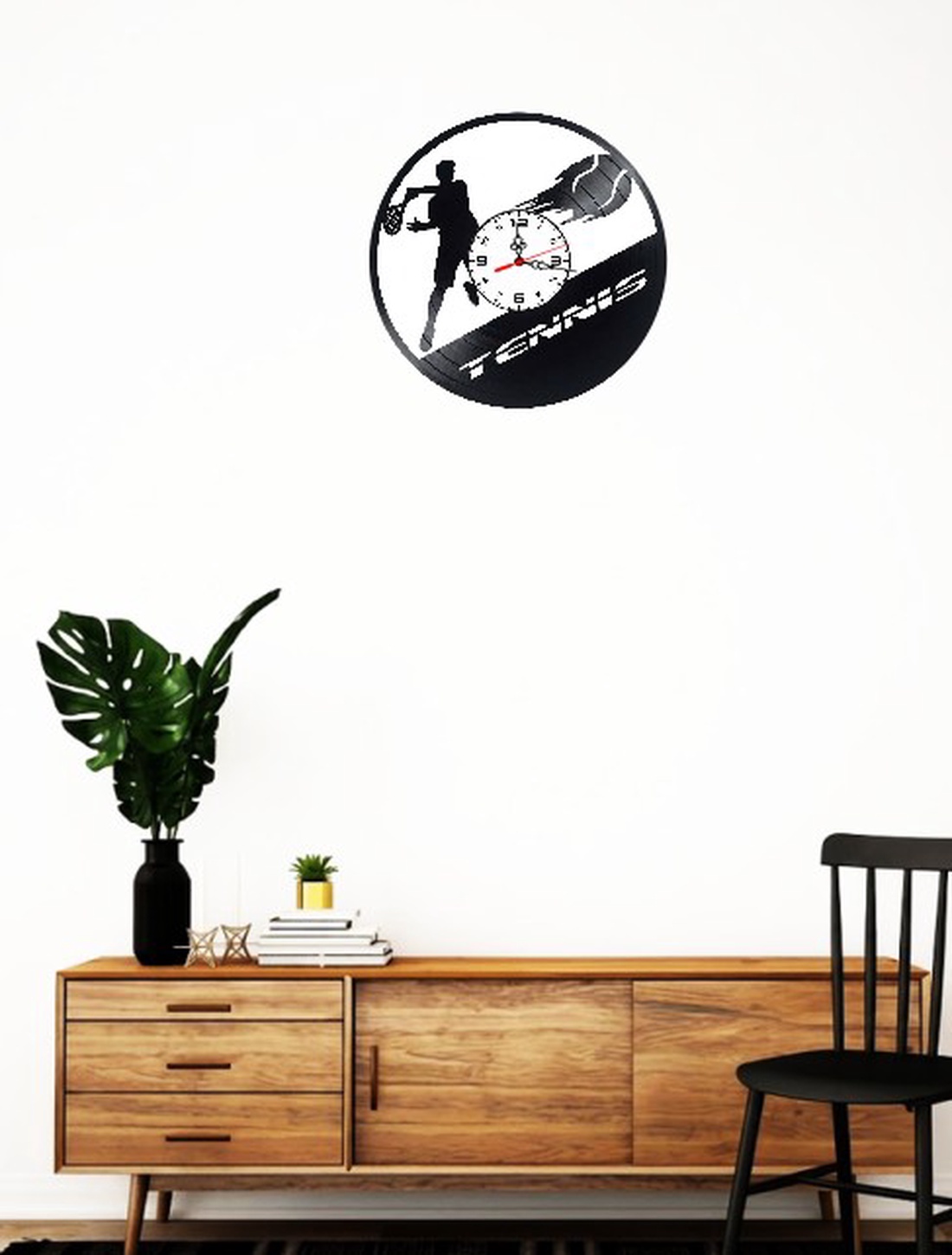 Ceas de perete decorativ realizat din disc de vinil, Model Jucator de Tenis si Mingea in Viteza, Text Tennis, Negru, 30  - casă & stil de viață - decorațiuni de casă - decorațiuni de pereți - ceasuri de perete - Artynos.ro