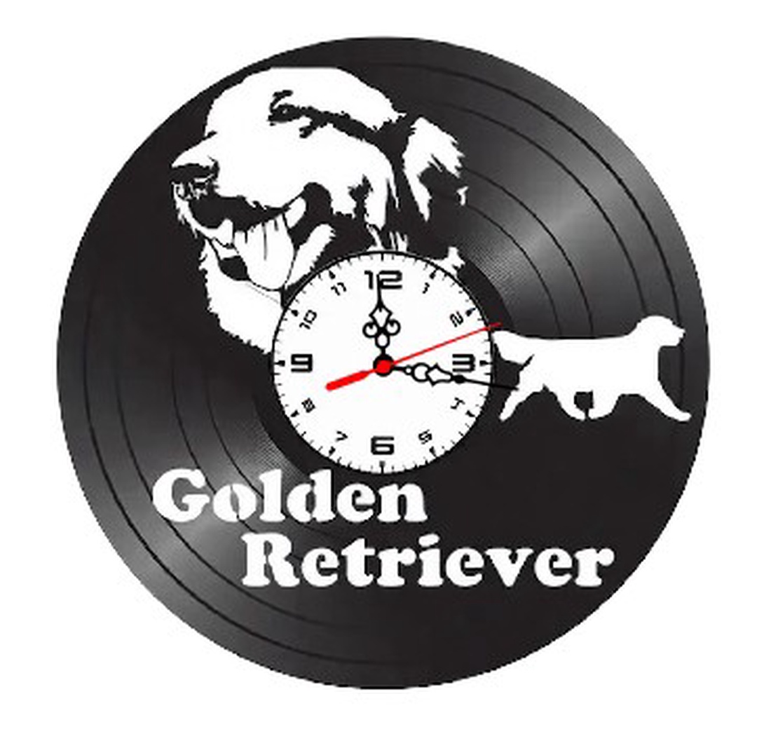 Ceas de perete decorativ realizat din disc de vinil, Model Caine Golden Retriever, Text Personalizat, Negru, 30 cm - casă & stil de viață - decorațiuni de casă - decorațiuni de pereți - ceasuri de perete - Artynos.ro