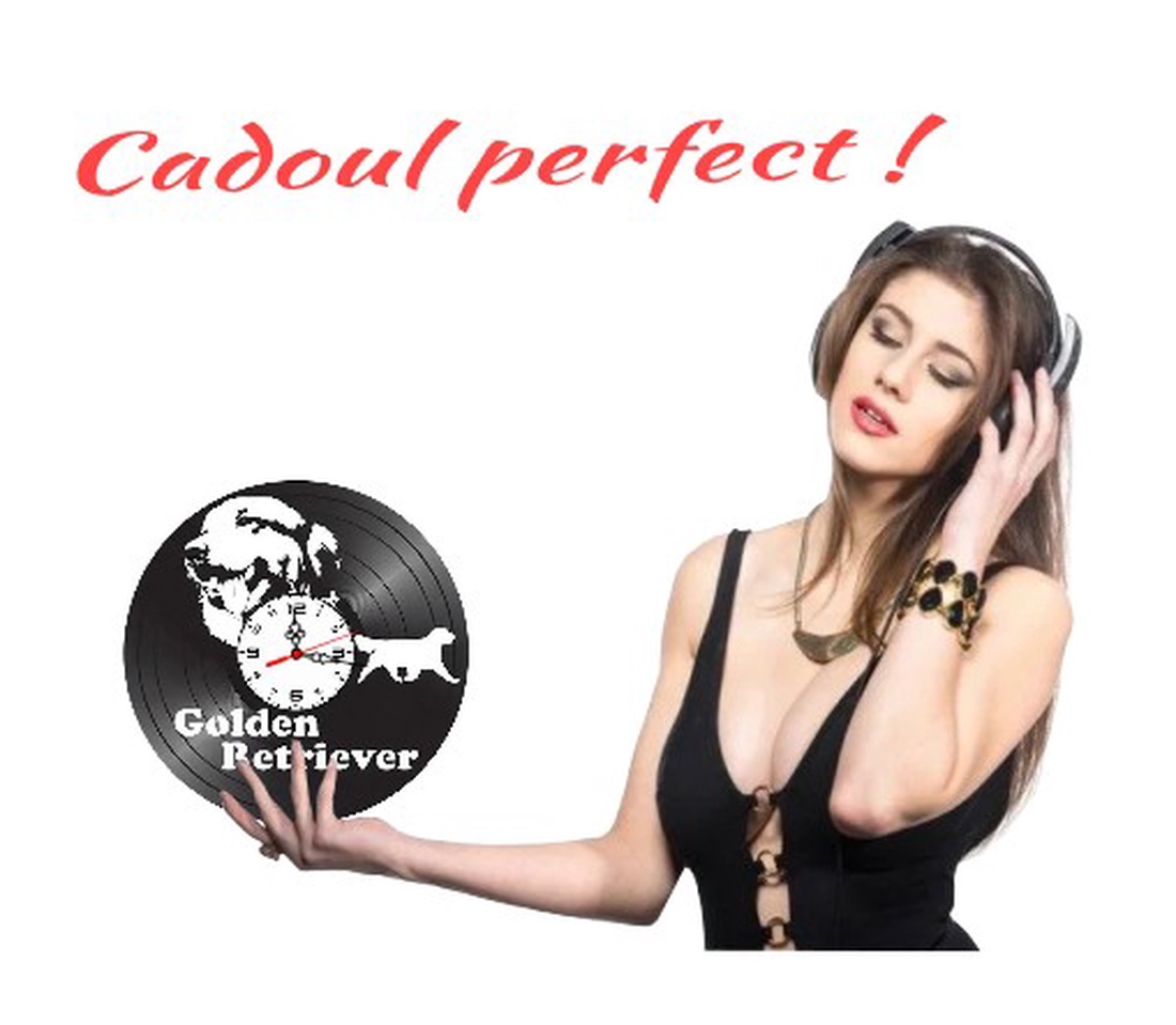 Ceas de perete decorativ realizat din disc de vinil, Model Caine Golden Retriever, Text Personalizat, Negru, 30 cm - casă & stil de viață - decorațiuni de casă - decorațiuni de pereți - ceasuri de perete - Artynos.ro