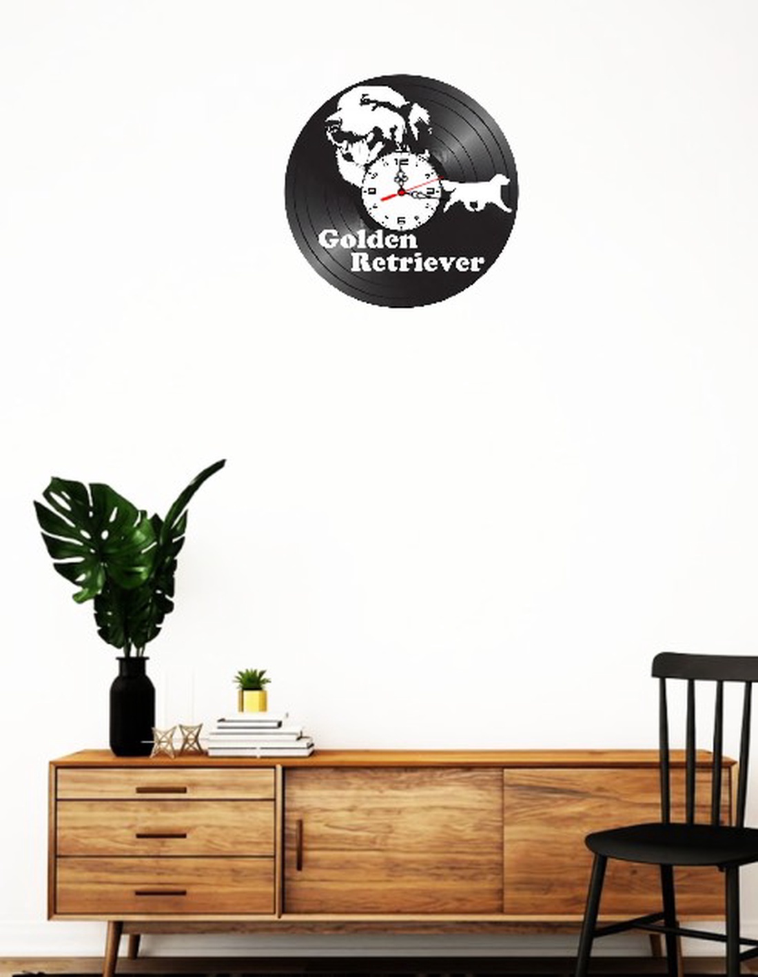 Ceas de perete decorativ realizat din disc de vinil, Model Caine Golden Retriever, Text Personalizat, Negru, 30 cm - casă & stil de viață - decorațiuni de casă - decorațiuni de pereți - ceasuri de perete - Artynos.ro