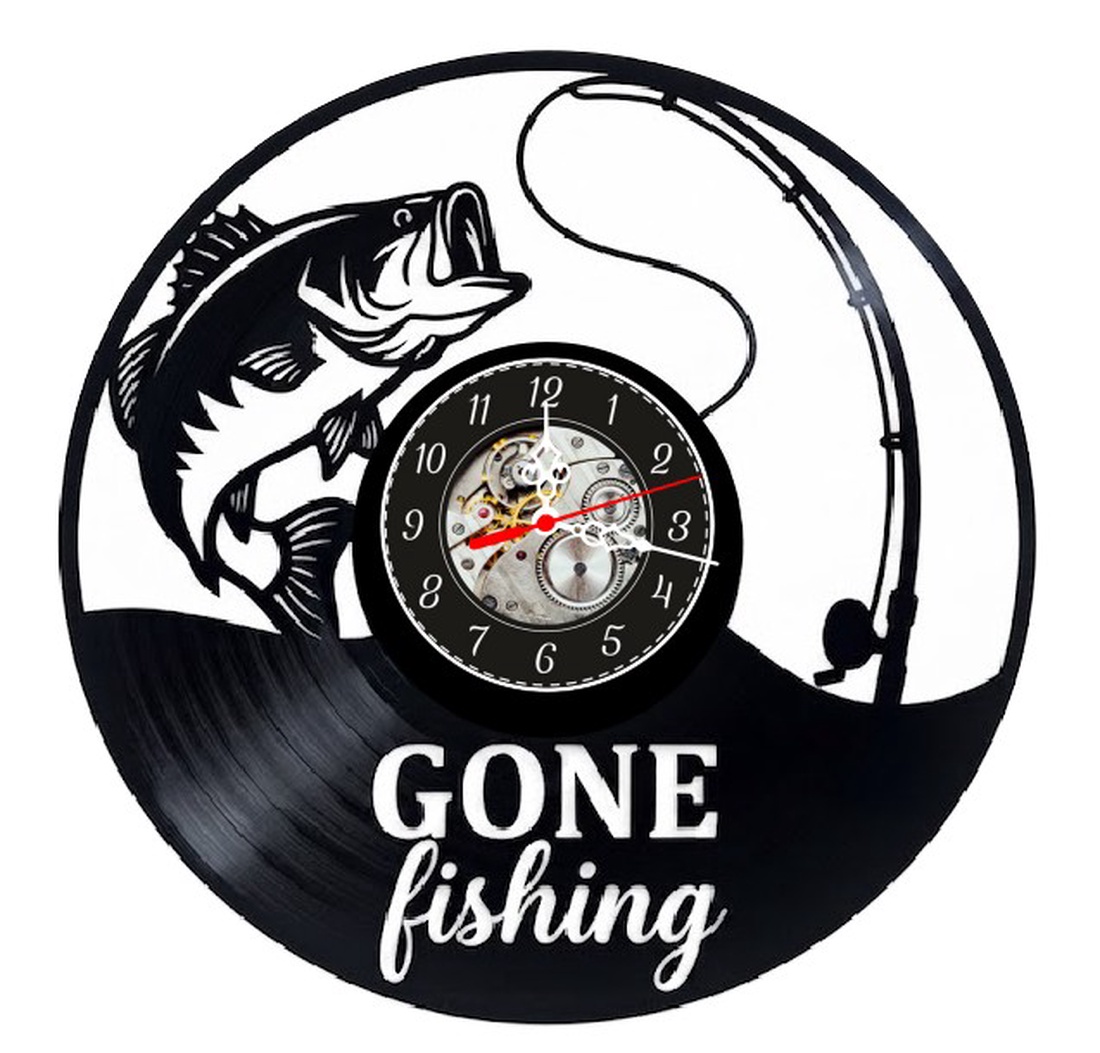 Ceas de perete decorativ realizat din disc de vinil, Model Pescuit cu Peste in Crlig si Lanseta, Text Gone Fishing, Negr - casă & stil de viață - decorațiuni de casă - decorațiuni de pereți - ceasuri de perete - Artynos.ro