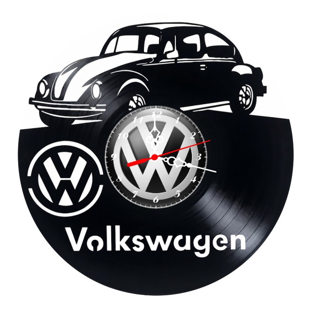 Ceas de perete decorativ realizat din disc de vinil, Model Masina Vintage Broscuta si Sigla Brandului, Text Volkswagen,  - casă & stil de viață - decorațiuni de casă - decorațiuni de pereți - ceasuri de perete - Artynos.ro