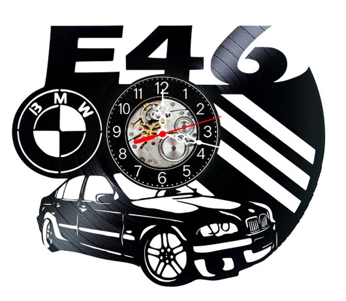 Ceas de perete decorativ realizat din disc de vinil, Model BMW E46 Sedan Sigla Auto Dungi M Power, Negru, 30 cm - casă & stil de viață - decorațiuni de casă - decorațiuni de pereți - ceasuri de perete - Artynos.ro