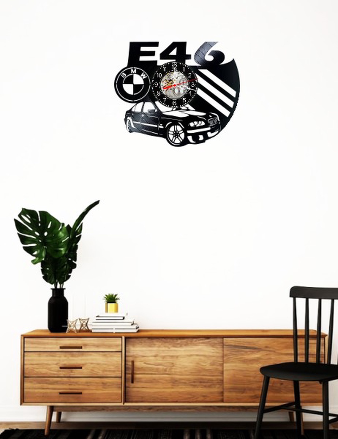 Ceas de perete decorativ realizat din disc de vinil, Model BMW E46 Sedan Sigla Auto Dungi M Power, Negru, 30 cm - casă & stil de viață - decorațiuni de casă - decorațiuni de pereți - ceasuri de perete - Artynos.ro