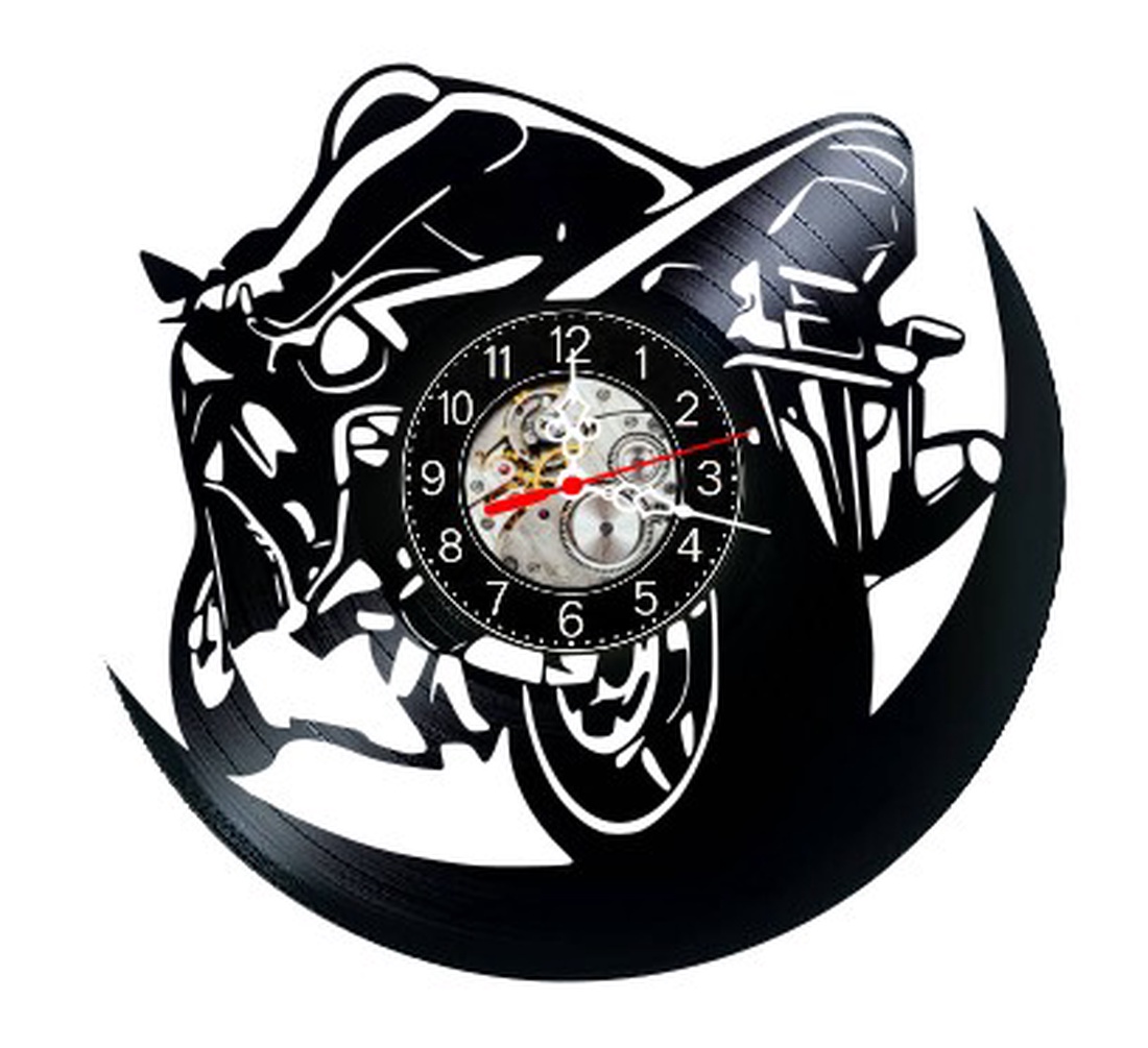 Ceas de perete decorativ realizat din disc de vinil, Model Motocicleta Supersport Viteza Pilot Circuit, Negru, 30 cm - casă & stil de viață - decorațiuni de casă - decorațiuni de pereți - ceasuri de perete - Artynos.ro