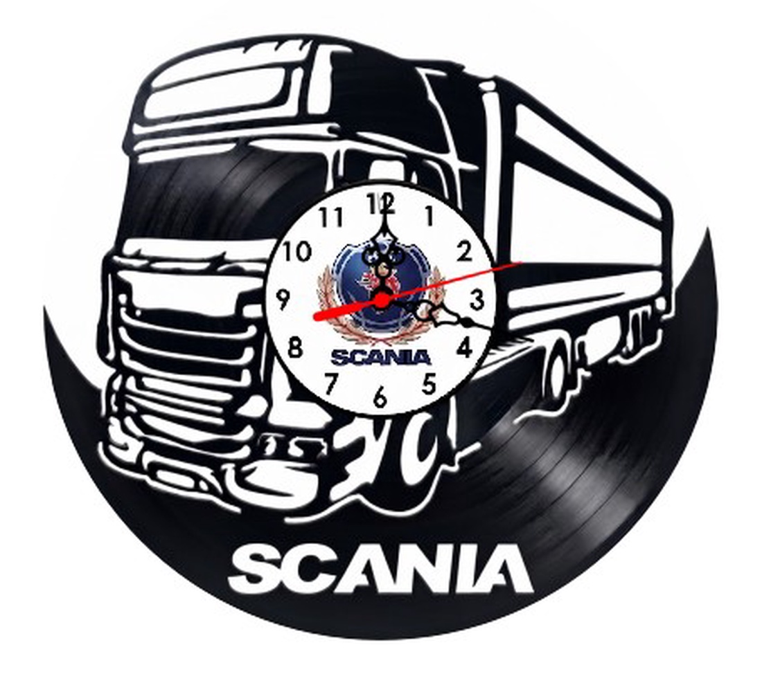 Ceas de perete decorativ realizat din disc de vinil, Model Camion Tir Scania Regele Șoselelor Logo Auto, Negru, 30 cm - casă & stil de viață - decorațiuni de casă - decorațiuni de pereți - ceasuri de perete - Artynos.ro