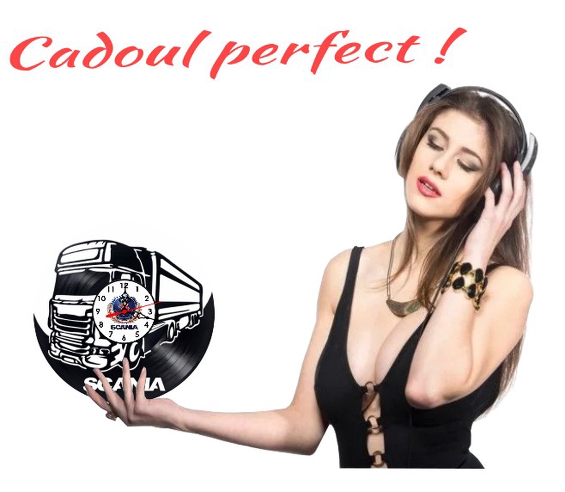 Ceas de perete decorativ realizat din disc de vinil, Model Camion Tir Scania Regele Șoselelor Logo Auto, Negru, 30 cm - casă & stil de viață - decorațiuni de casă - decorațiuni de pereți - ceasuri de perete - Artynos.ro