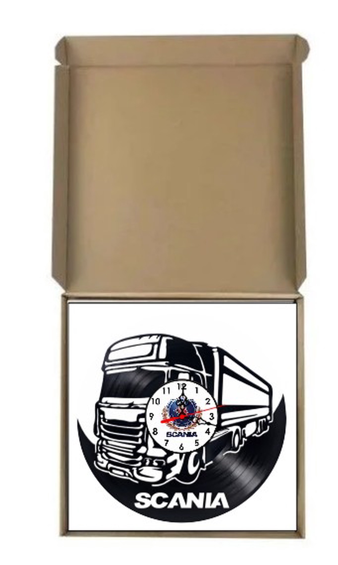 Ceas de perete decorativ realizat din disc de vinil, Model Camion Tir Scania Regele Șoselelor Logo Auto, Negru, 30 cm - casă & stil de viață - decorațiuni de casă - decorațiuni de pereți - ceasuri de perete - Artynos.ro