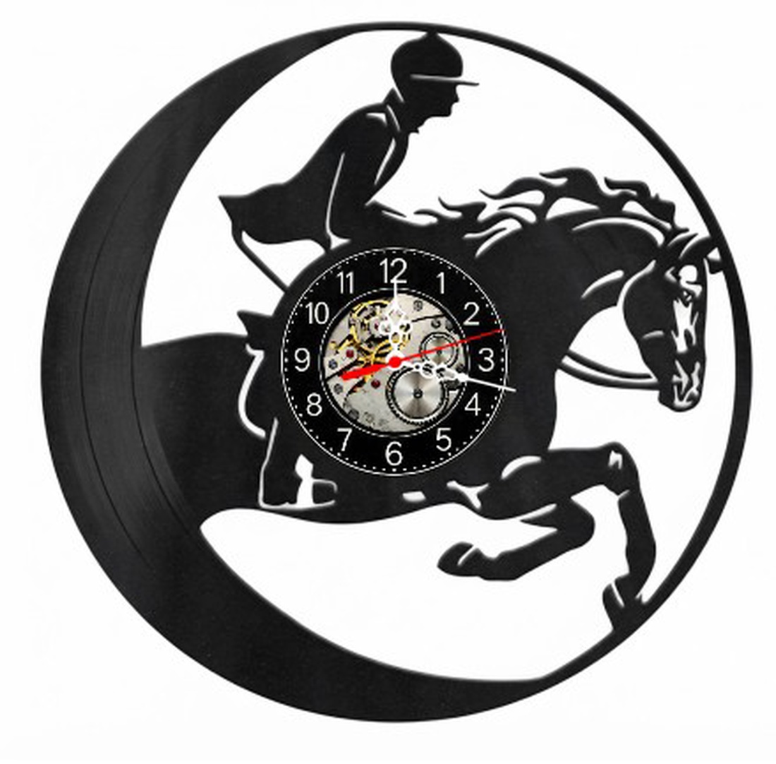 Ceas de perete decorativ realizat din disc de vinil, Model Calarie Cal de Rasa Calaret Saritura Hipism, Negru, 30 cm - casă & stil de viață - decorațiuni de casă - decorațiuni de pereți - ceasuri de perete - Artynos.ro