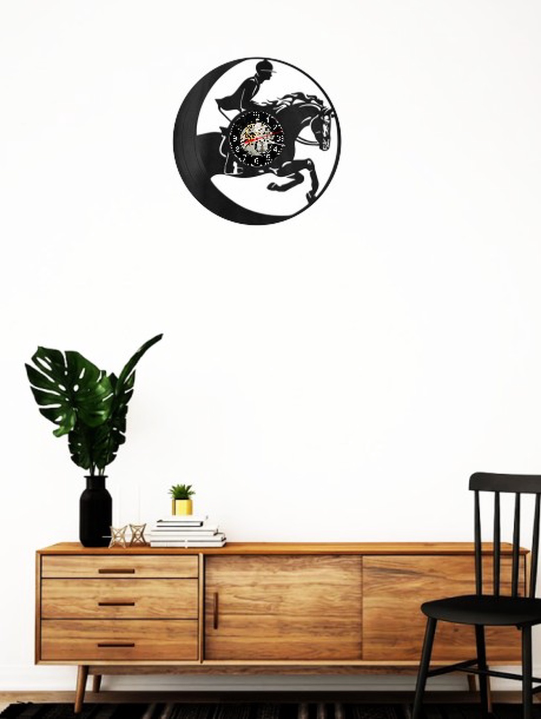 Ceas de perete decorativ realizat din disc de vinil, Model Calarie Cal de Rasa Calaret Saritura Hipism, Negru, 30 cm - casă & stil de viață - decorațiuni de casă - decorațiuni de pereți - ceasuri de perete - Artynos.ro
