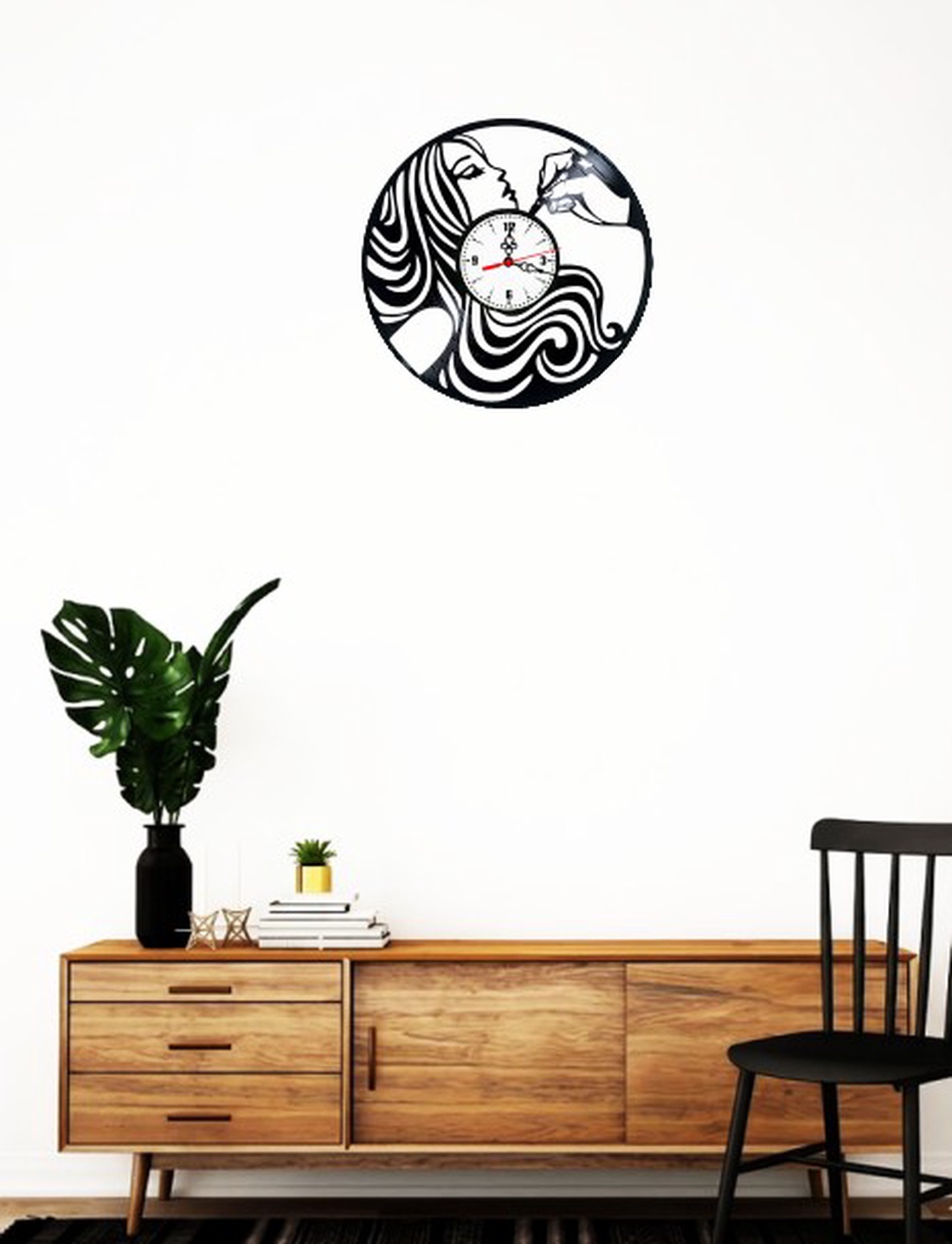 Ceas de perete decorativ realizat din disc de vinil, Model Makeup Artist Salon Infrumusetare Machiaj, Negru, 30 cm - casă & stil de viață - decorațiuni de casă - decorațiuni de pereți - ceasuri de perete - Artynos.ro