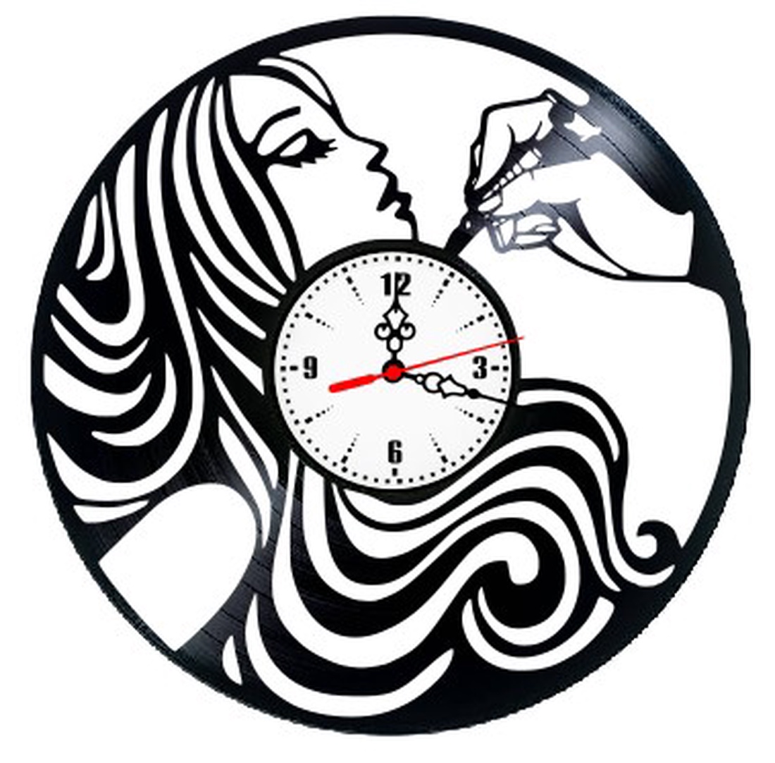 Ceas de perete decorativ realizat din disc de vinil, Model Makeup Artist Salon Infrumusetare Machiaj, Negru, 30 cm - casă & stil de viață - decorațiuni de casă - decorațiuni de pereți - ceasuri de perete - Artynos.ro