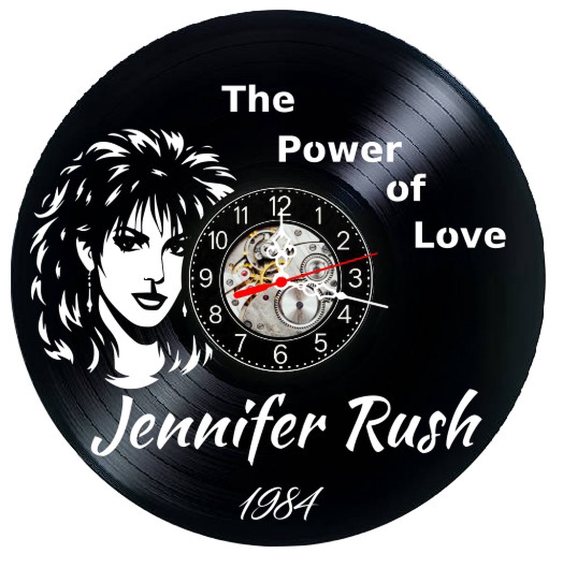 Ceas de perete decorativ realizat din disc de vinil, Model Jennifer Rush The Power of Love 1984 Pop Rock, Negru, 30 cm - casă & stil de viață - decorațiuni de casă - decorațiuni de pereți - ceasuri de perete - Artynos.ro