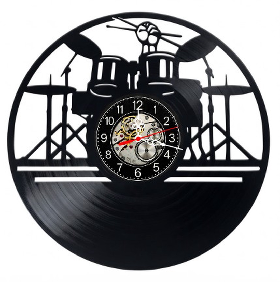 Ceas de perete decorativ realizat din disc de vinil, Model Baterist Set de Tobe Rock Muzica Cinele, Negru, 30 cm - casă & stil de viață - decorațiuni de casă - decorațiuni de pereți - ceasuri de perete - Artynos.ro
