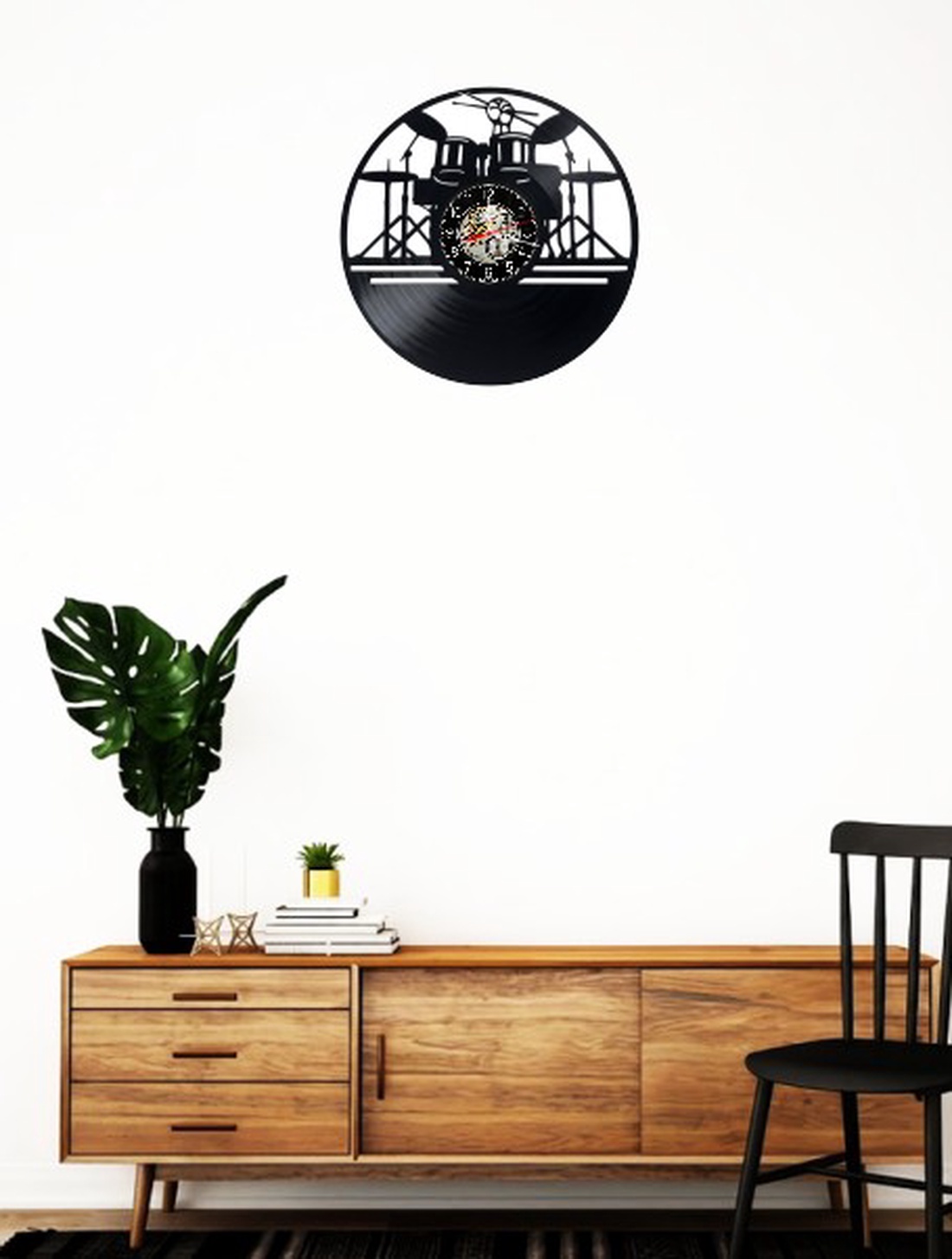 Ceas de perete decorativ realizat din disc de vinil, Model Baterist Set de Tobe Rock Muzica Cinele, Negru, 30 cm - casă & stil de viață - decorațiuni de casă - decorațiuni de pereți - ceasuri de perete - Artynos.ro